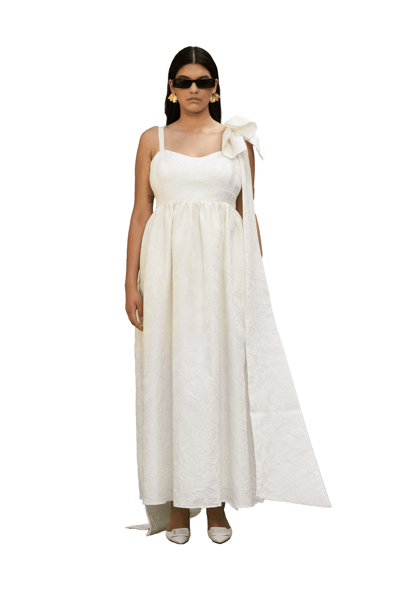 STYLE 098 // BROCADE ANKLE LENGTH DRESS WITH DOUBLE BOW AND SASH