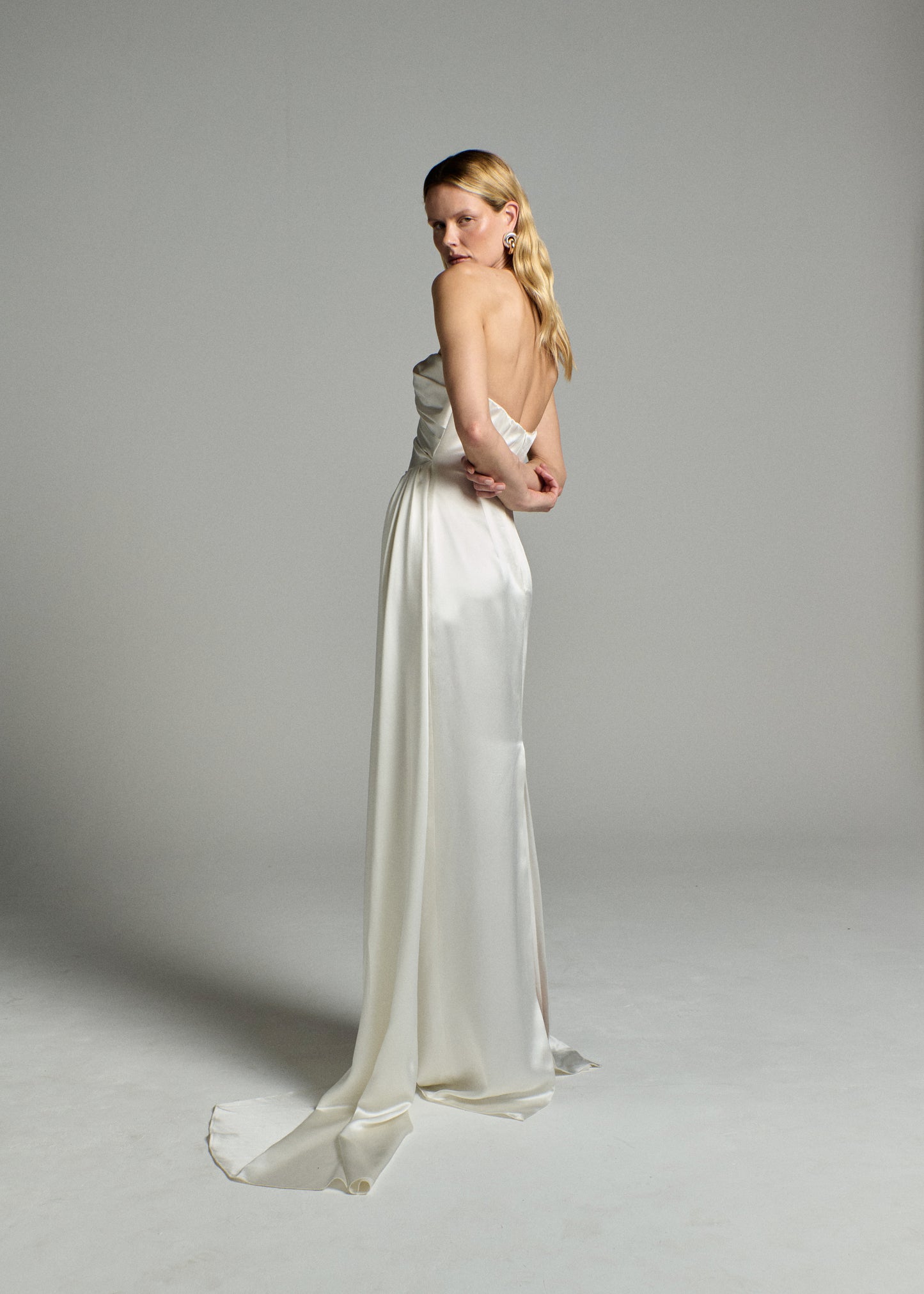 STYLE 149 // STRAPLESS SILK SATIN GOWN WITH DRAPED DETAILING AND SASH