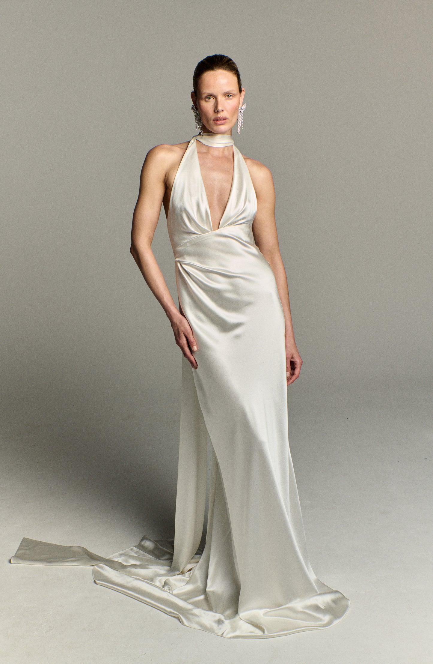 STYLE 150 // SILK SATIN HALTERNECK GOWN WITH SASH NECK TIE