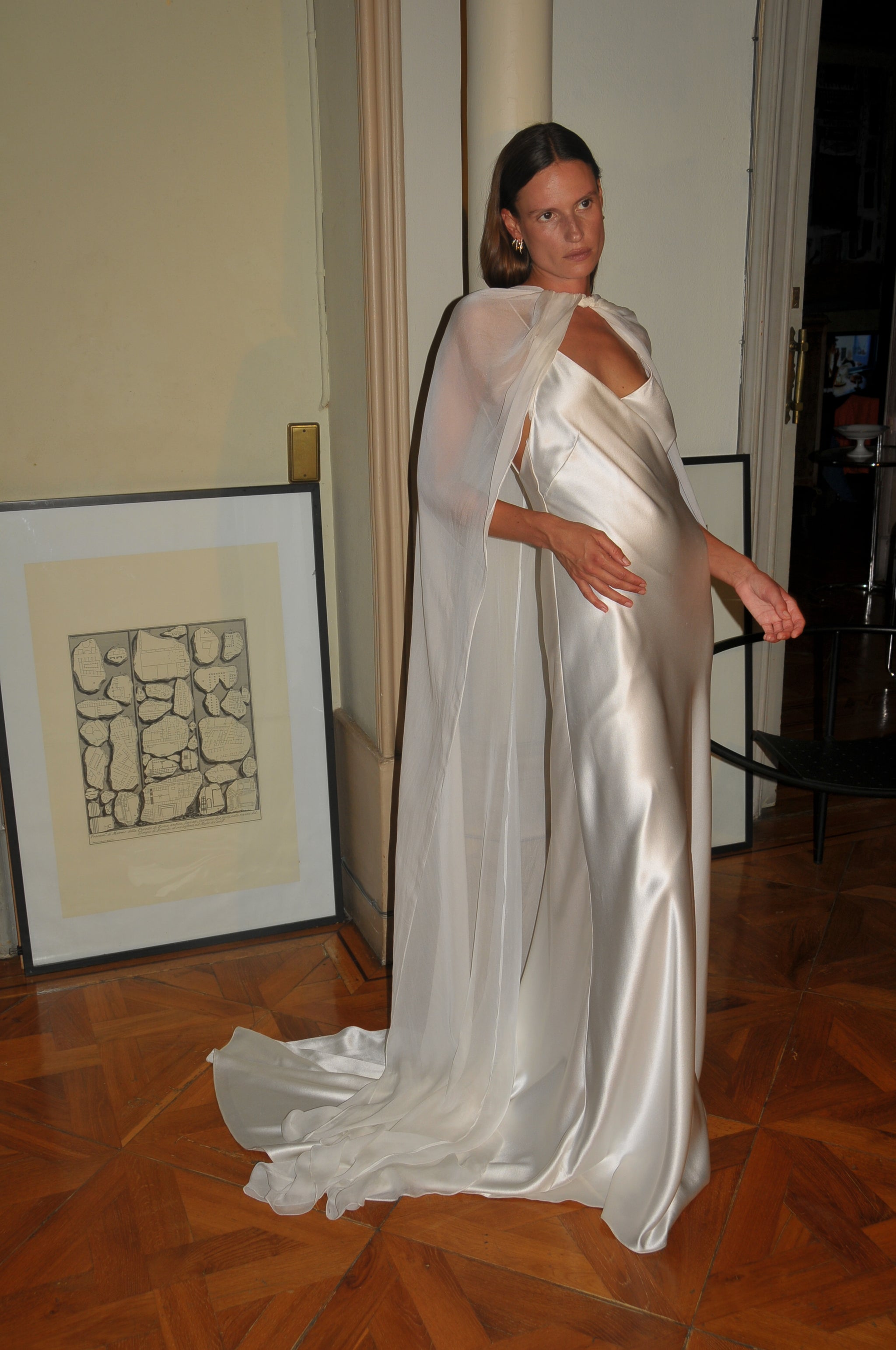 Silky Knit and Chiffon Cape Dress