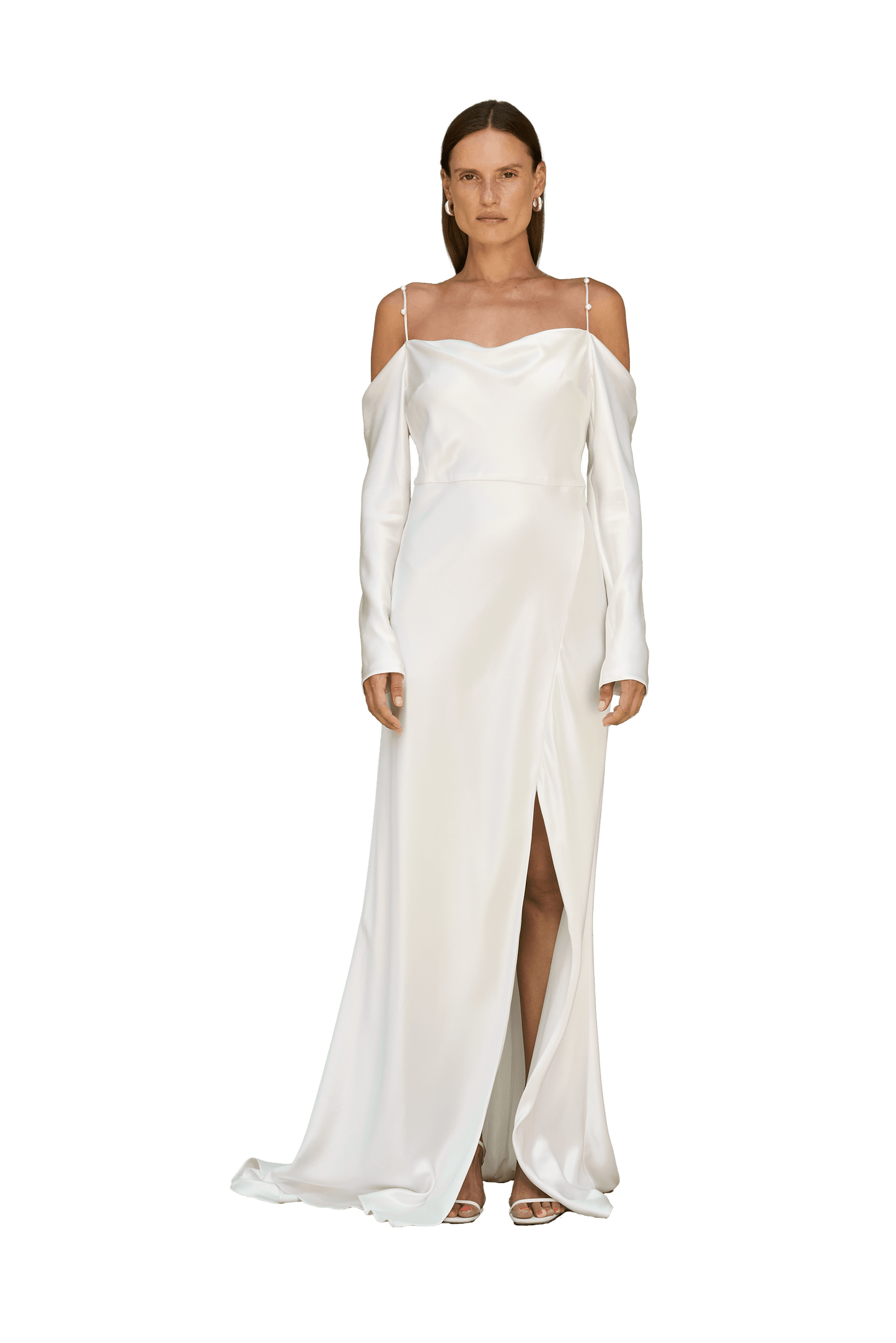 STYLE 092 // OFF THE SHOULDER LONG SLEEVE DRESS WITH FRESHWATER PEARL DETAIL