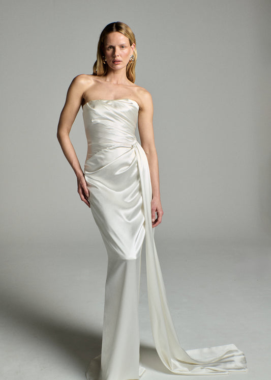 STYLE 149 // STRAPLESS SILK SATIN GOWN WITH DRAPED DETAILING AND SASH