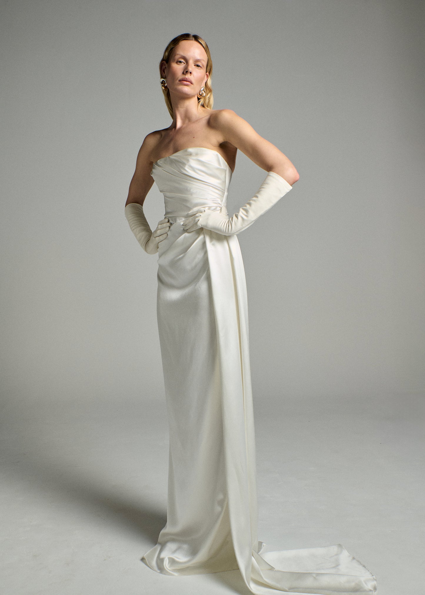 STYLE 149 // STRAPLESS SILK SATIN GOWN WITH DRAPED DETAILING AND SASH