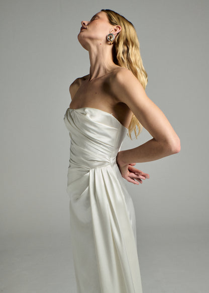 STYLE 149 // STRAPLESS SILK SATIN GOWN WITH DRAPED DETAILING AND SASH