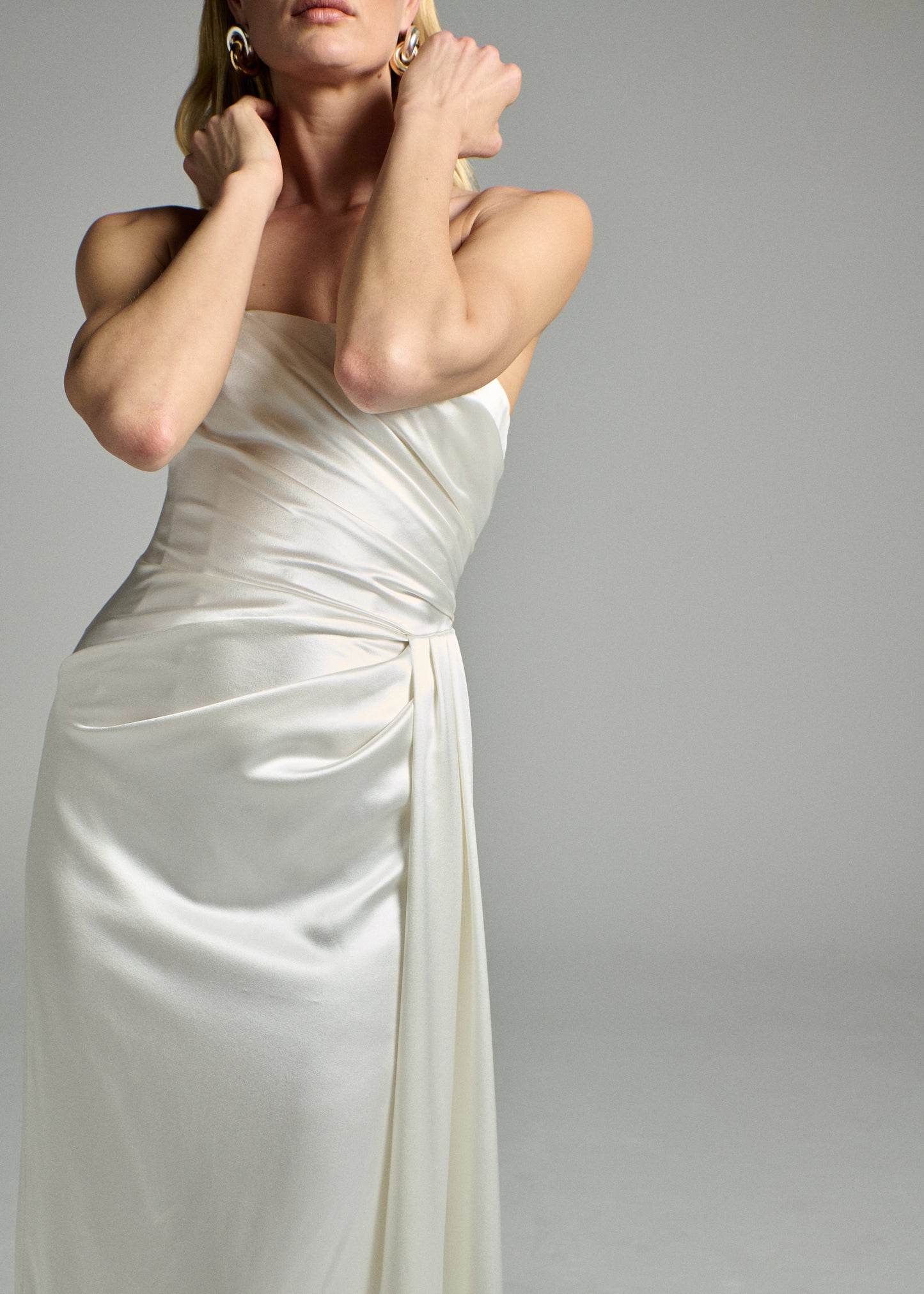 STYLE 149 // STRAPLESS SILK SATIN GOWN WITH DRAPED DETAILING AND SASH