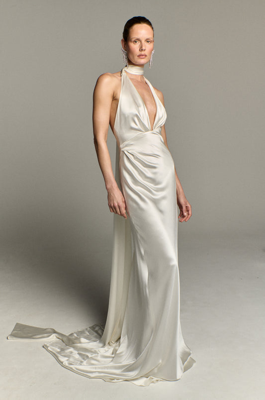 STYLE 150 // SILK SATIN HALTERNECK GOWN WITH SASH NECK TIE