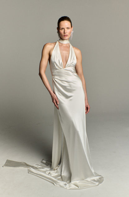 silk dress with neck tie Ladivine 7433W Dress Versitile Tie Chiffon Bridal Gown Off White / 8