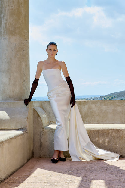 STYLE 163 // DUCHESSE SATIN CORSETED GOWN WITH WRAP SKIRT