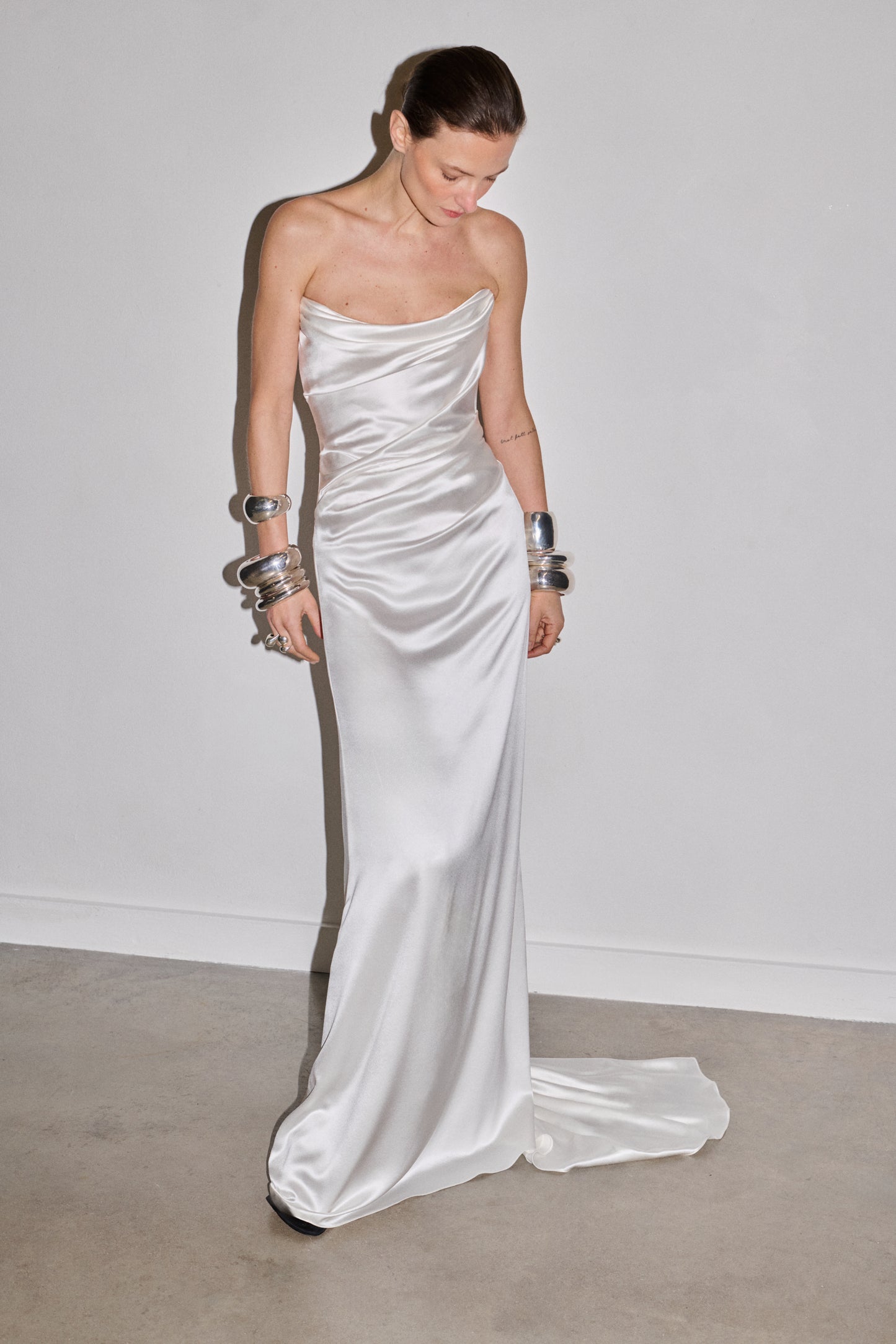 STYLE 184 // STRAPLESS SILK SATIN DRAPED GOWN