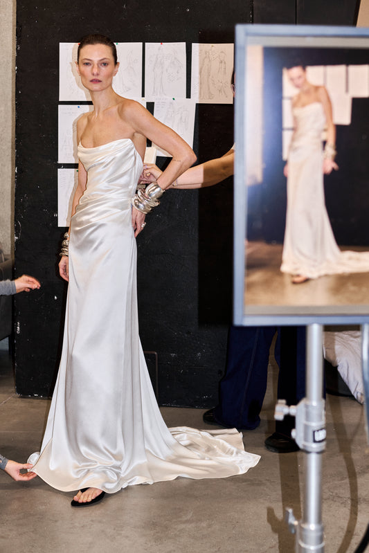 STYLE 184 // STRAPLESS SILK SATIN DRAPED GOWN