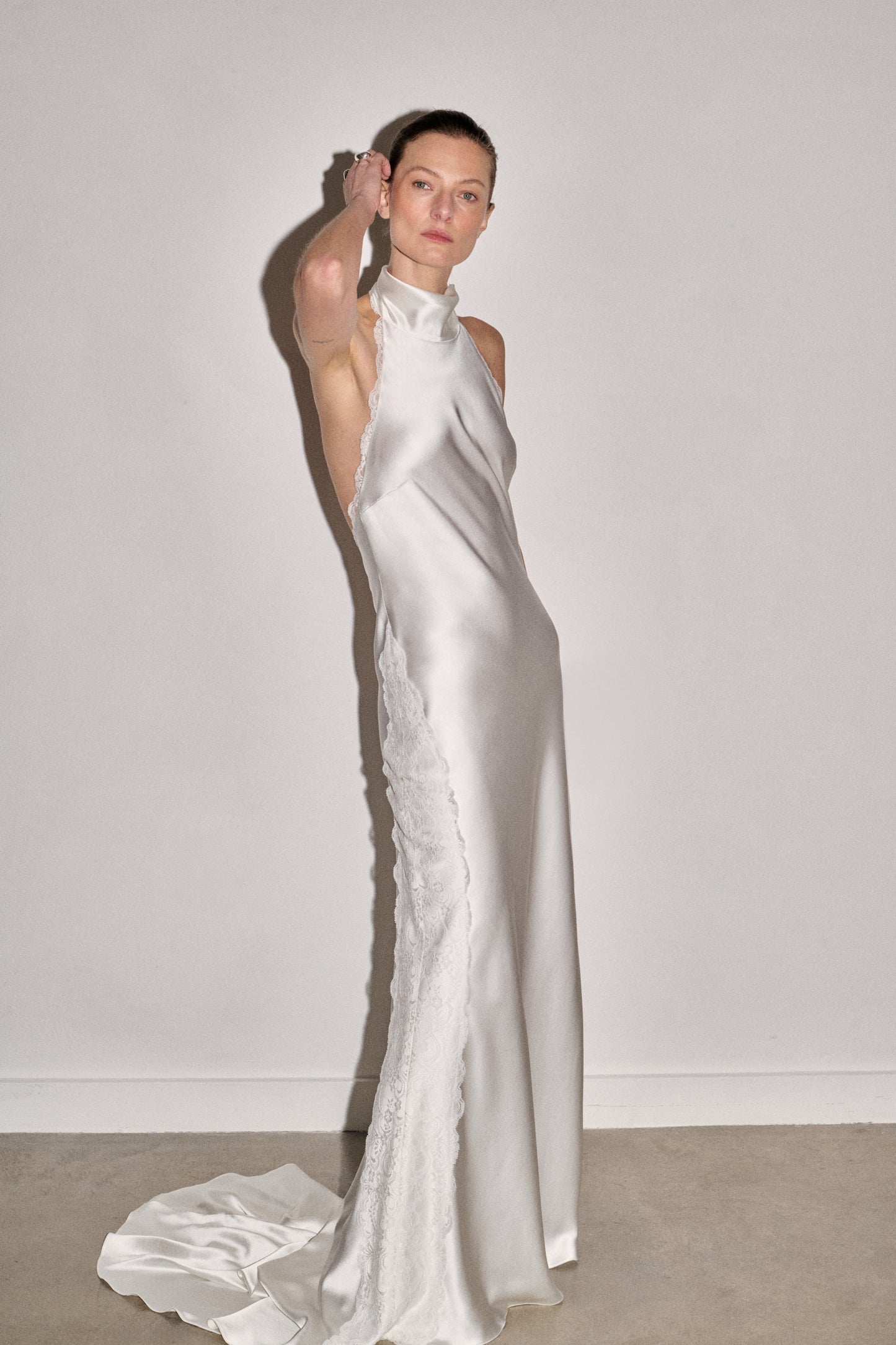 STYLE 185 // BACKLESS SILK HALTER WITH LACE DETAIL