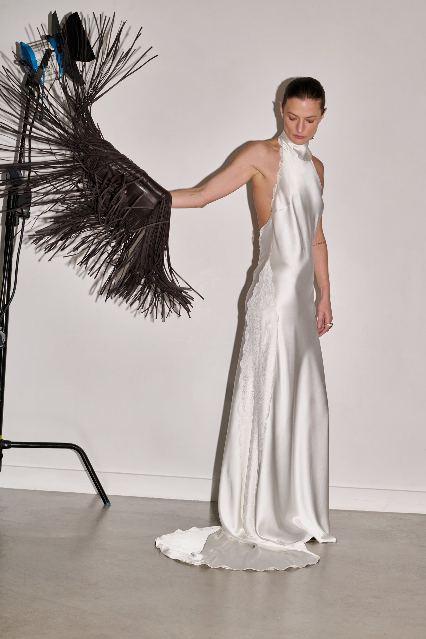 STYLE 185 // BACKLESS SILK HALTER WITH LACE DETAIL