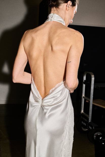 STYLE 185 // BACKLESS SILK HALTER WITH LACE DETAIL