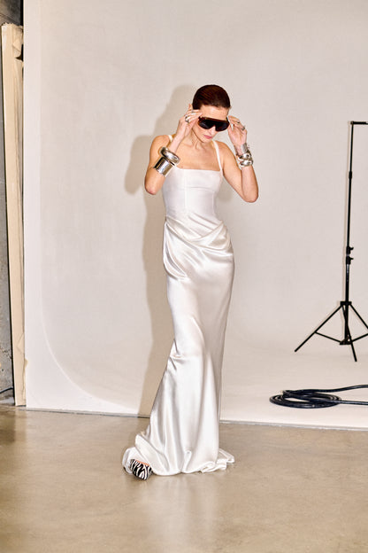 STYLE 187 // CORSETED MIKADO BODICE WITH DRAPED SILK SATIN SKIRT