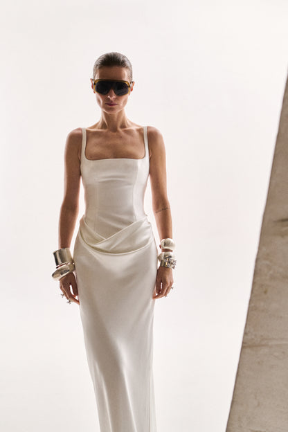 STYLE 187 // CORSETED MIKADO BODICE WITH DRAPED SILK SATIN SKIRT