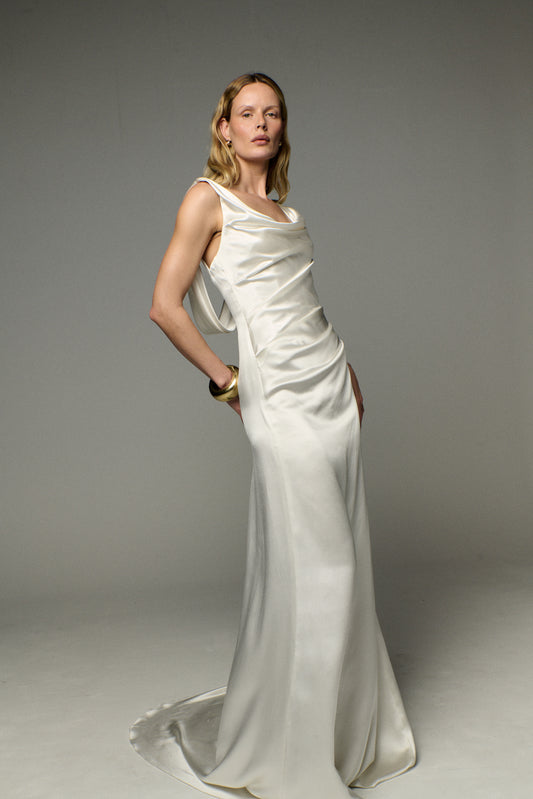 STYLE 148 // CORSETED SILK SATIN COWL NECK GOWN