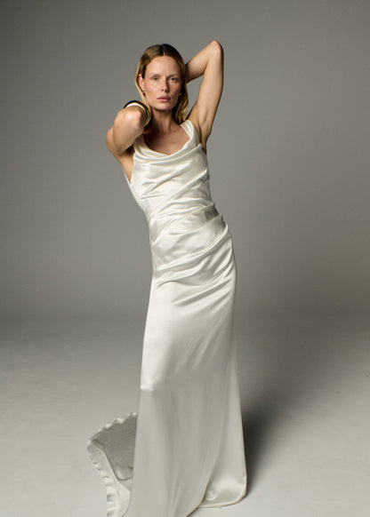 STYLE 148 // CORSETED SILK SATIN COWL NECK GOWN