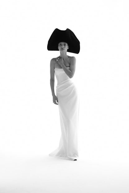 STYLE 188 // STRAPLESS SILK CREPE GOWN WITH DRAPED SKIRT