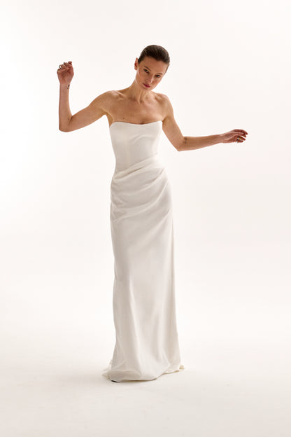 STYLE 188 // STRAPLESS SILK CREPE GOWN WITH DRAPED SKIRT