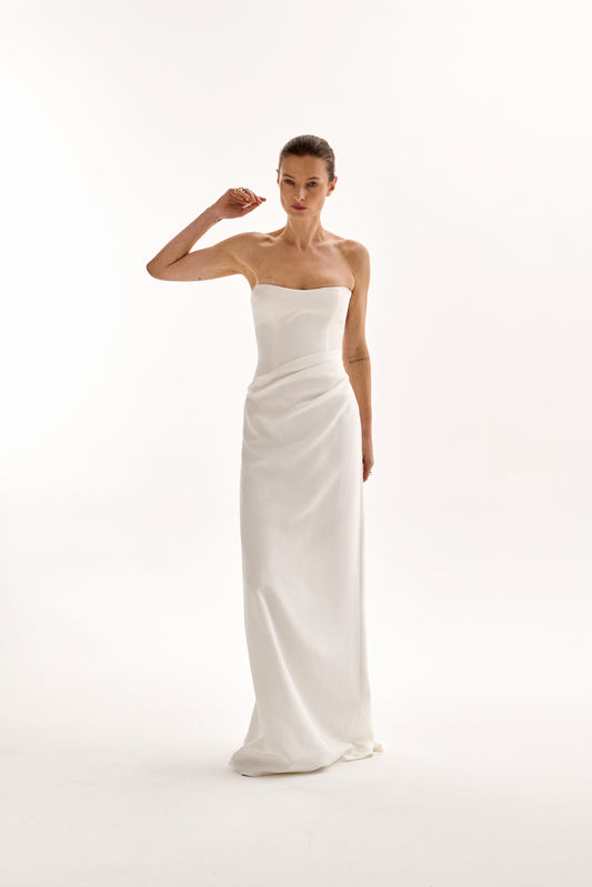 STYLE 188 // STRAPLESS SILK CREPE GOWN WITH DRAPED SKIRT