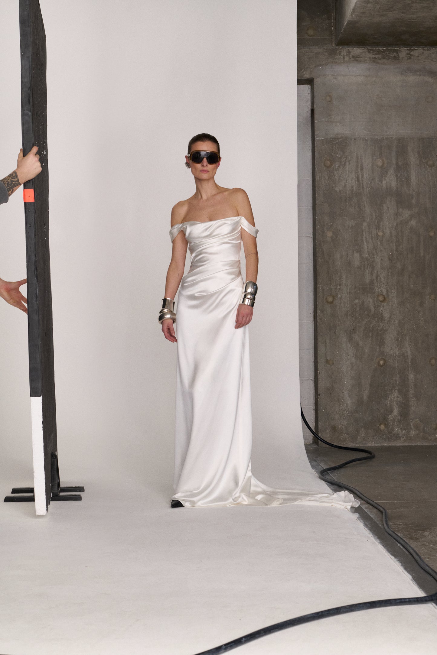 STYLE 183 // OFF THE SHOULDER SILK SATIN DRAPED GOWN