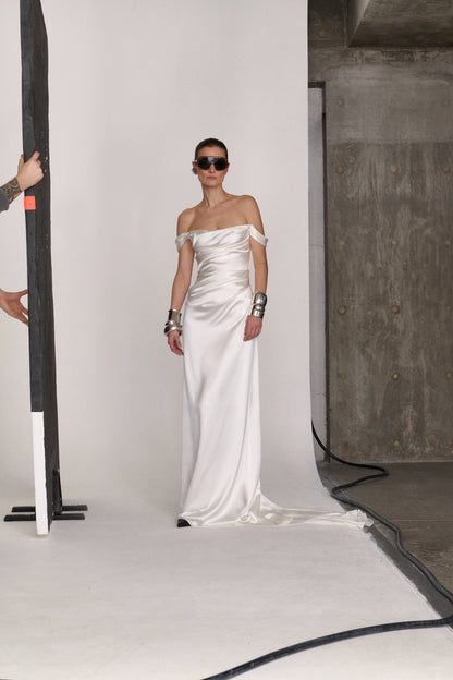 STYLE 183 // OFF THE SHOULDER SILK SATIN DRAPED GOWN