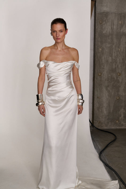 STYLE 183 // OFF THE SHOULDER SILK SATIN DRAPED GOWN