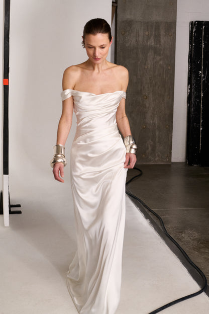 STYLE 183 // OFF THE SHOULDER SILK SATIN DRAPED GOWN
