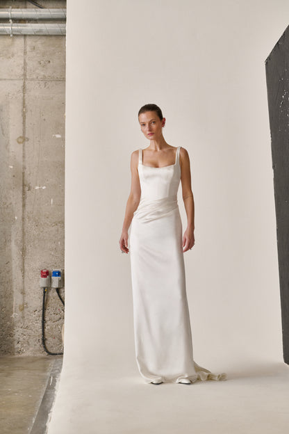 STYLE 189 // SILK SATIN DRAPED GOWN WITH STRAPS