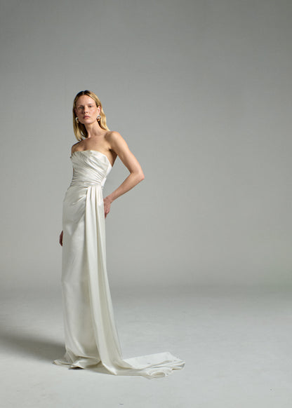STYLE 149 // STRAPLESS SILK SATIN GOWN WITH DRAPED DETAILING AND SASH