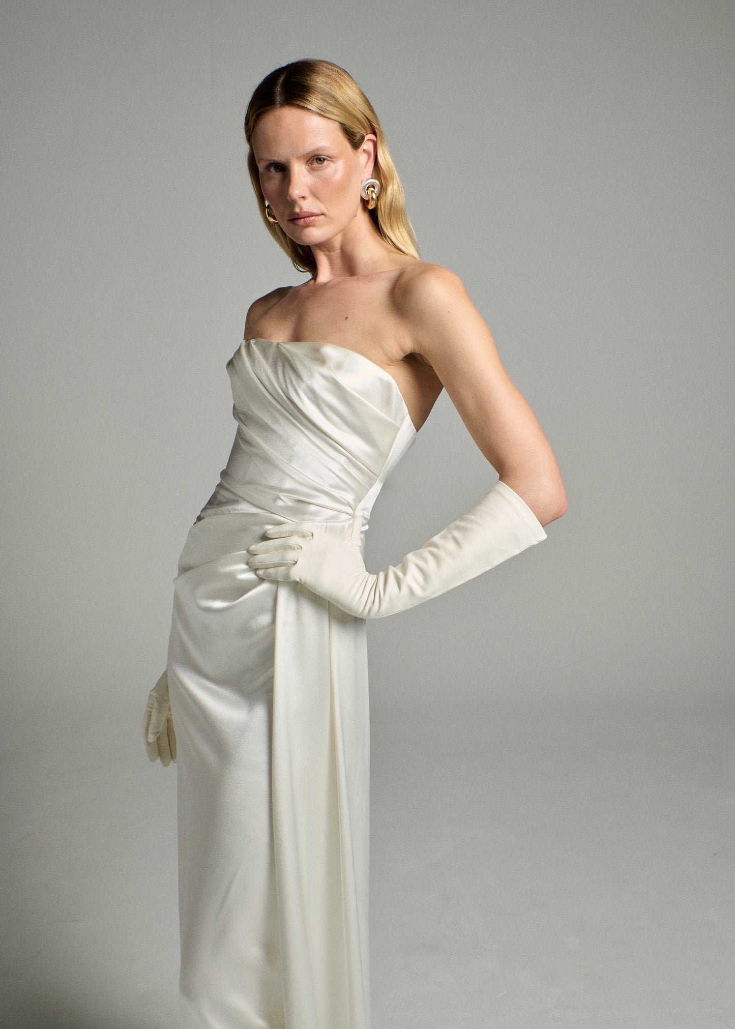 STYLE 149 // STRAPLESS SILK SATIN GOWN WITH DRAPED DETAILING AND SASH