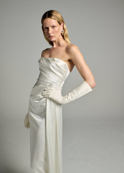 STYLE 149 // STRAPLESS SILK SATIN GOWN WITH DRAPED DETAILING AND SASH